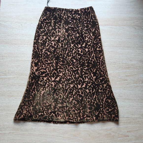 Wah Maker True West Burnout Velvet Midi A-Line Skirt Silk Blend Brown - Picture 4 of 10